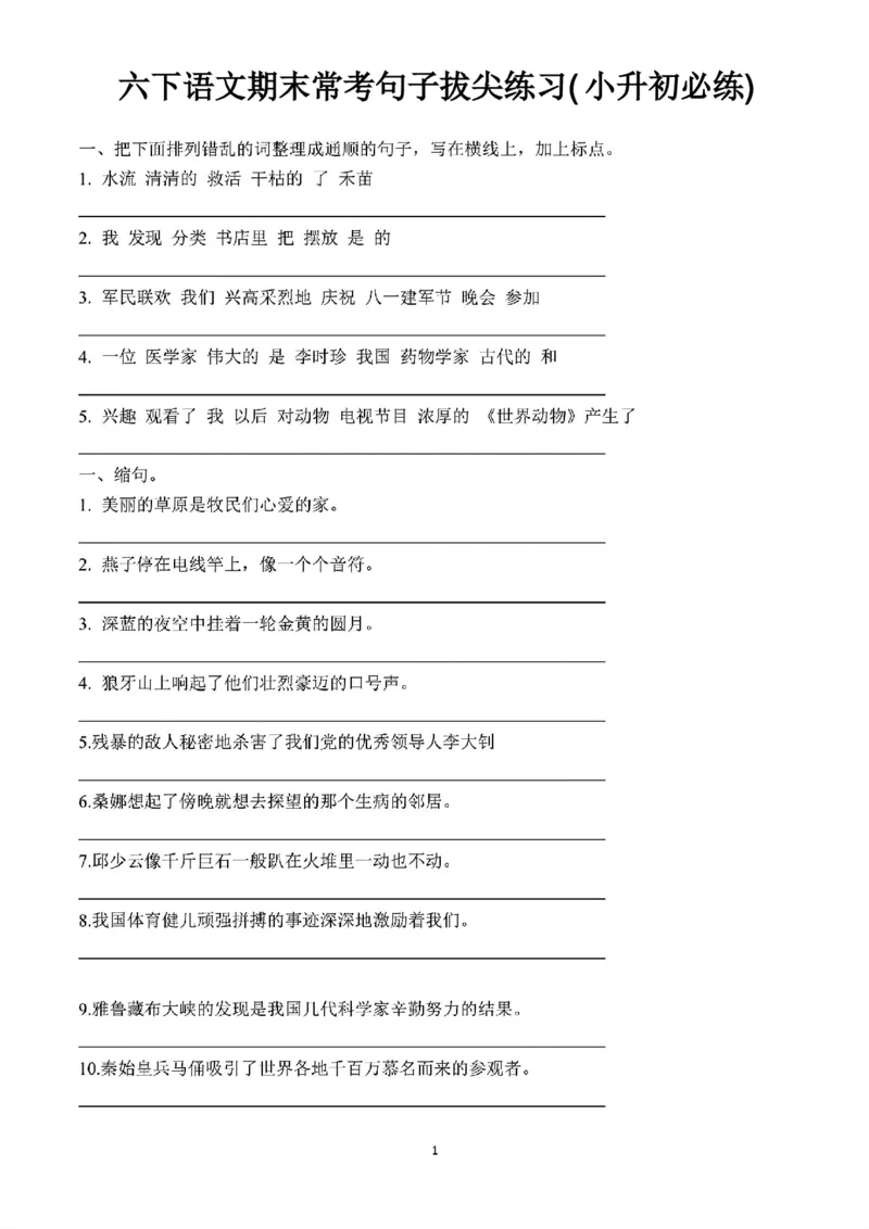 《六下语文期末常考句子拔尖练习(小升初必练)_6年级下册同步教辅_6下-语文_六下语文句子+词语》第1页预览