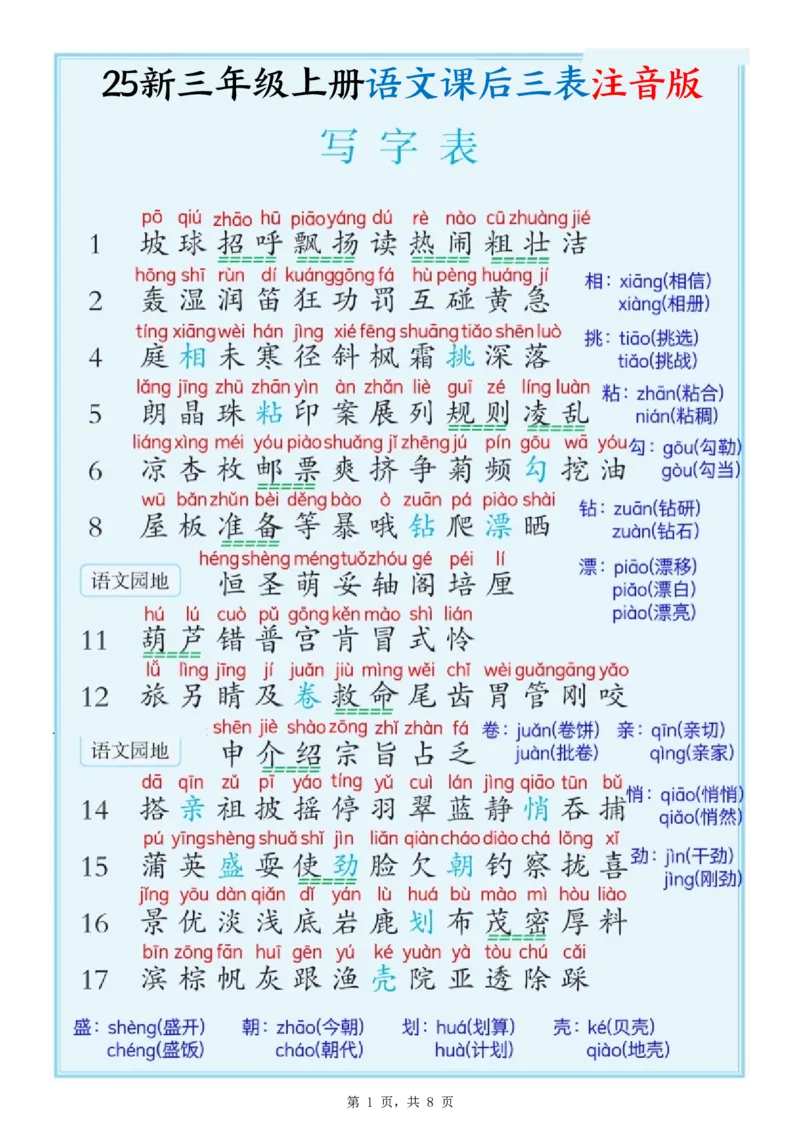 《新版•3上语文《课后三表注音版》_26秋小学语文《精选合集》_新版•3年级语文《精选合集》上册_新版•3上语文《生字字帖》》第1页预览