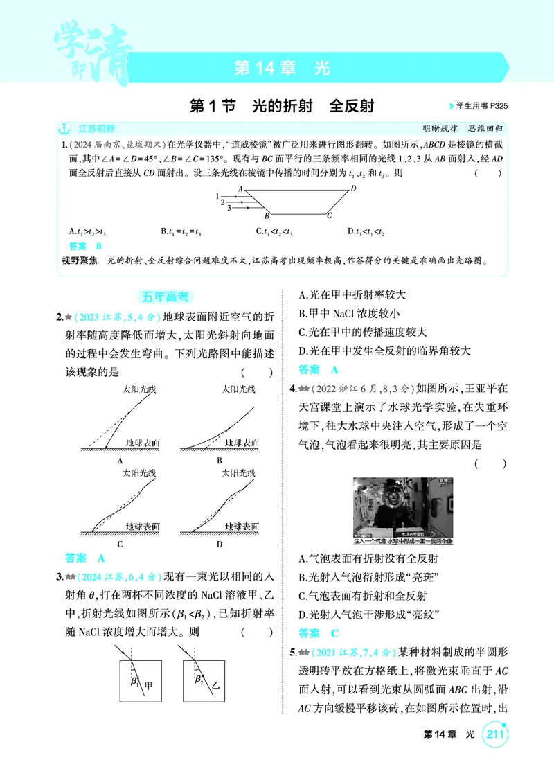 《2_精练册PDF14-第14章　光_2026版教学资源包_202653高考总复习A版_江苏版_2026版.江苏版.选考总复习.物理.5·3A版_二、教师用书PDF_第14章光_1_PDF教参电子书》第1页预览