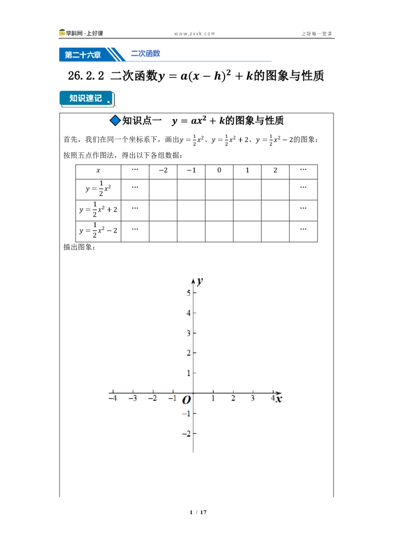 《26.2.2二次函数y=a(x-h)^2+k的图像与性质（知识清单）（挖空版）_2026秋初中教辅合集_2027学科网&_2026秋《同步备课系列》9上数学_第二十六章二次函数_知识清单》第1页预览