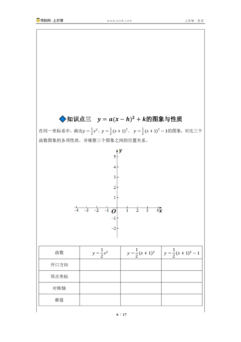 《26.2.2二次函数y=a(x-h)^2+k的图像与性质（知识清单）（挖空版）_2026秋初中教辅合集_2027学科网&_2026秋《同步备课系列》9上数学_第二十六章二次函数_知识清单》第6页预览