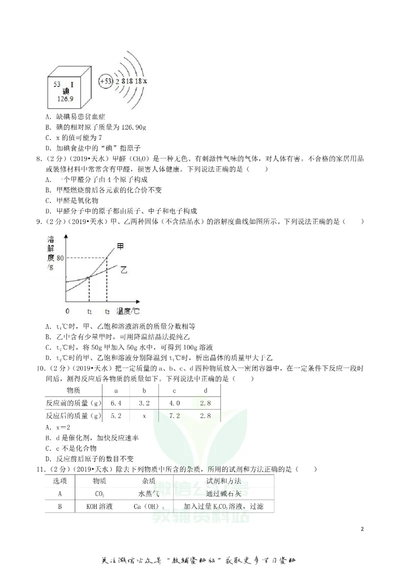 《2019甘肃省天水市中考化学真题及答案解析_初高中资料库_初中资料库（转存避免链接过期失效）_初中化学》第2页预览