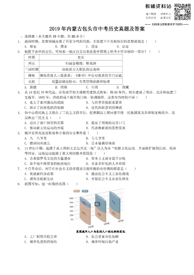 《2019内蒙古包头市中考历史真题及答案_初高中资料库_初中资料库（转存避免链接过期失效）_初中历史》第1页预览