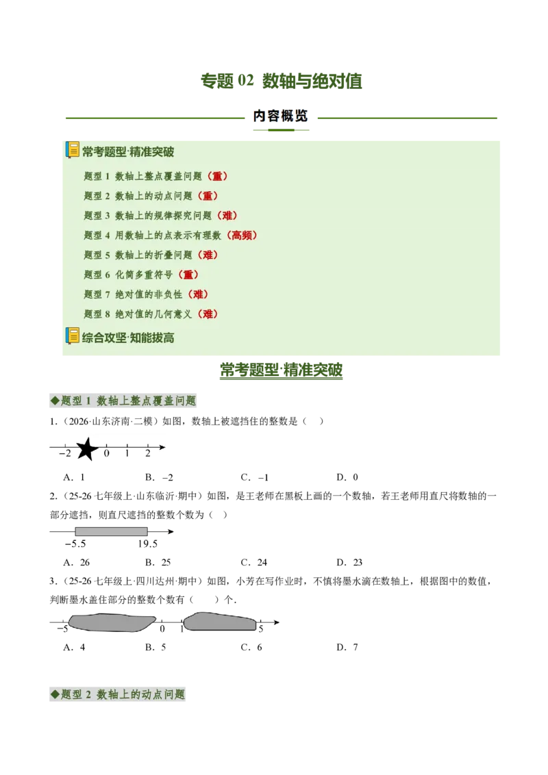 《专题02数轴与绝对值（专项训练）（原卷版）_2026秋初中教辅合集_2027学科网&_2026秋《同步备课系列》7上数学_第一章有理数_单元复习_专题02数轴与绝对值（专项训练）》第1页预览