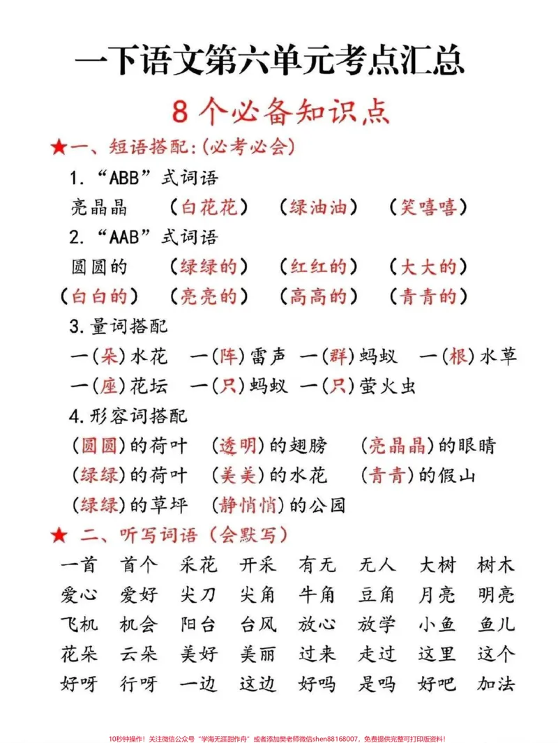 《#一年级语文第六单元#必考知识点#单元知识汇总#空白卷可打印#你们学到哪儿了》第1页预览