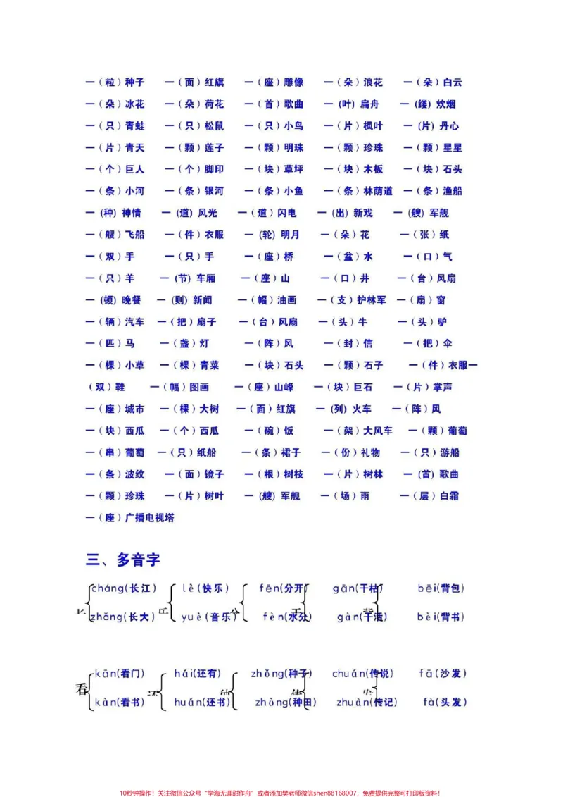 《#一年级#语文#单元知识点#必考点#多音字#近反义词#量词#叠词》第2页预览