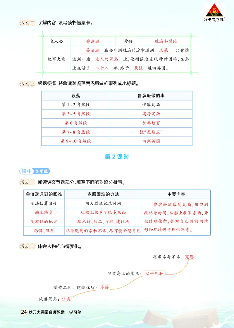 《5鲁滨逊漂流记（节选）学习单（教用）_26春小学语数英道科各版本《课件+教案》_26春1-6年级下册语文教案课件_语文《状元大课堂课件+教案》26春_6年级语文《状元大课堂课件+教案》26春》第2页预览