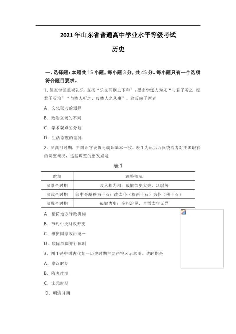 《2021年高考真题历史(山东卷)(原卷版)(1)_高考一二三轮复习_历史_2027年高考历史专项复习_2008年-2026年历史高考真题-G427_2008-2020年高考_地方卷_山东高考历史07-21_山东高考历史_A4版》第1页预览