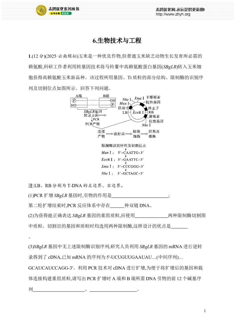 《6.生物技术与工程_2026版高中《二三轮复习+冲刺复习》_高考总复习优化设计二轮用书生物课后习题Word_课后习题_考前增分专练_大题分析与表达练》第1页预览