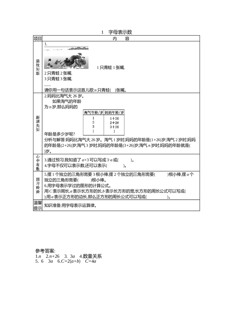 《5.1字母表示数_26春小学语数英道科各版本《课件+教案》_26春各版本数学《课件+教案》1-6年级下册_26春北师大版数学1-6年级下册教案课件PPT_第五单元认识方程（教案+学案）_学案》第1页预览