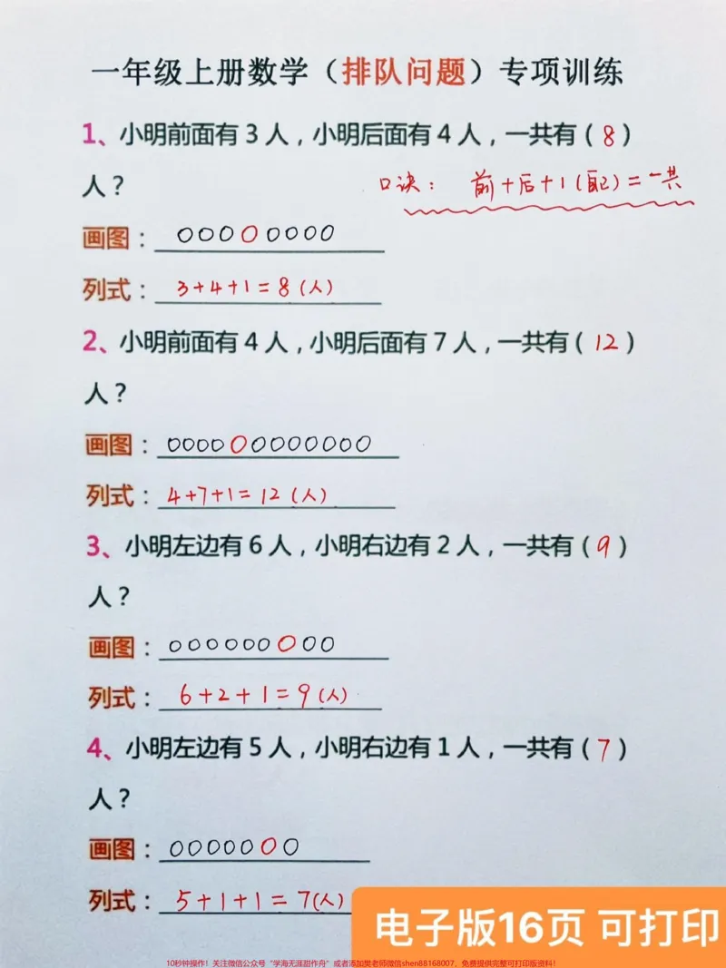 《一年级上册数学排队问题专项练习。一年级上册数学排队问题专项训练整理好了,附有解题思路,打印出来让孩子多练习。#一年级数学#排队问题#一年级#一年级重点知识归纳@DOU+小助手》第1页预览