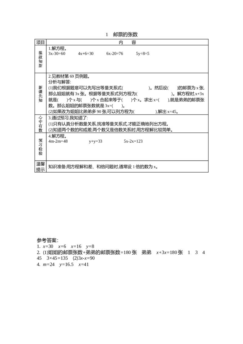 《7.1邮票的张数_26春小学语数英道科各版本《课件+教案》_26春各版本数学《课件+教案》1-6年级下册_26春北师大版数学1-6年级下册教案课件PPT_第七单元用方程解决问题（教案+学案）_学案》第1页预览