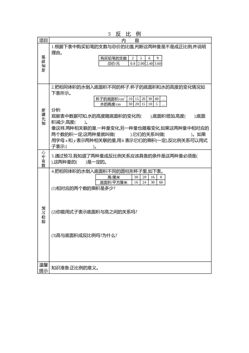 《5　反比例_26春小学语数英道科各版本《课件+教案》_26春各版本语数英《七彩课堂》教学课件+教案_数学《七彩课堂课件教案》人教26春_26春七彩课堂人教版数学六年级下册教案+学案》第1页预览