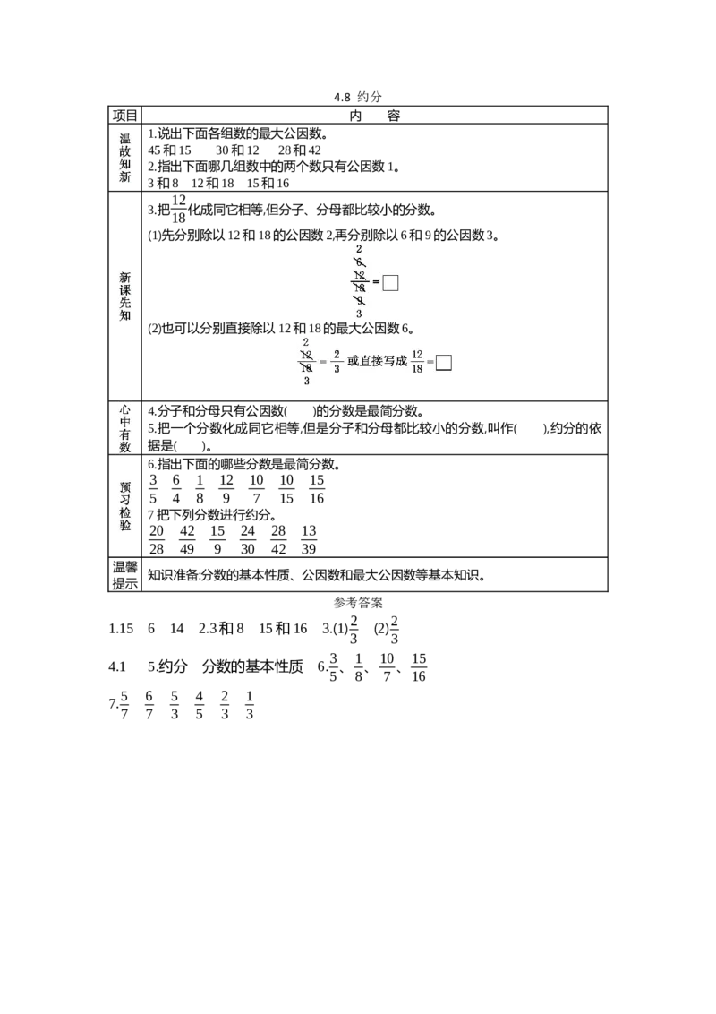 《4.8约分_26春小学语数英道科各版本《课件+教案》_26春各版本数学《课件+教案》1-6年级下册_26春苏教版数学1-6年级下册教案课件PPT_苏教版数学五年级下册教案课件（26春）_学案》第1页预览
