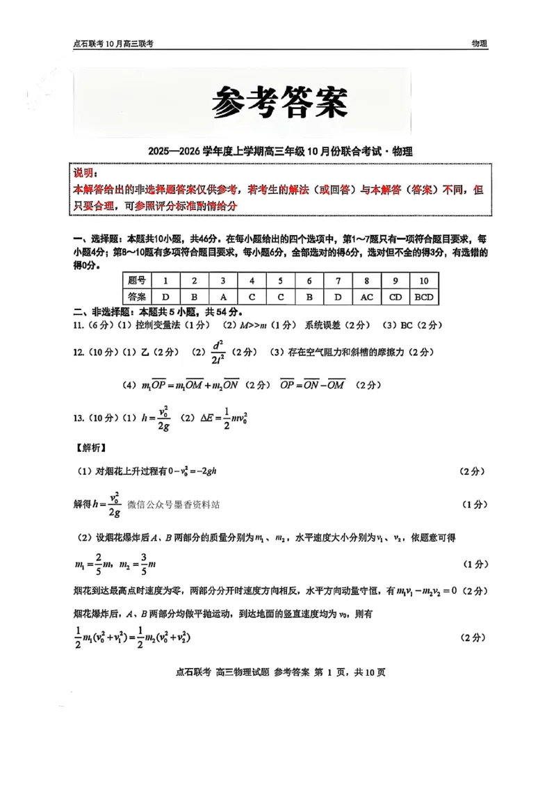 《2025-2026点石联考高三上10月月考物理答案_10.2_2025-2026点石联考高三上10月月考全科试卷及答案》第1页预览