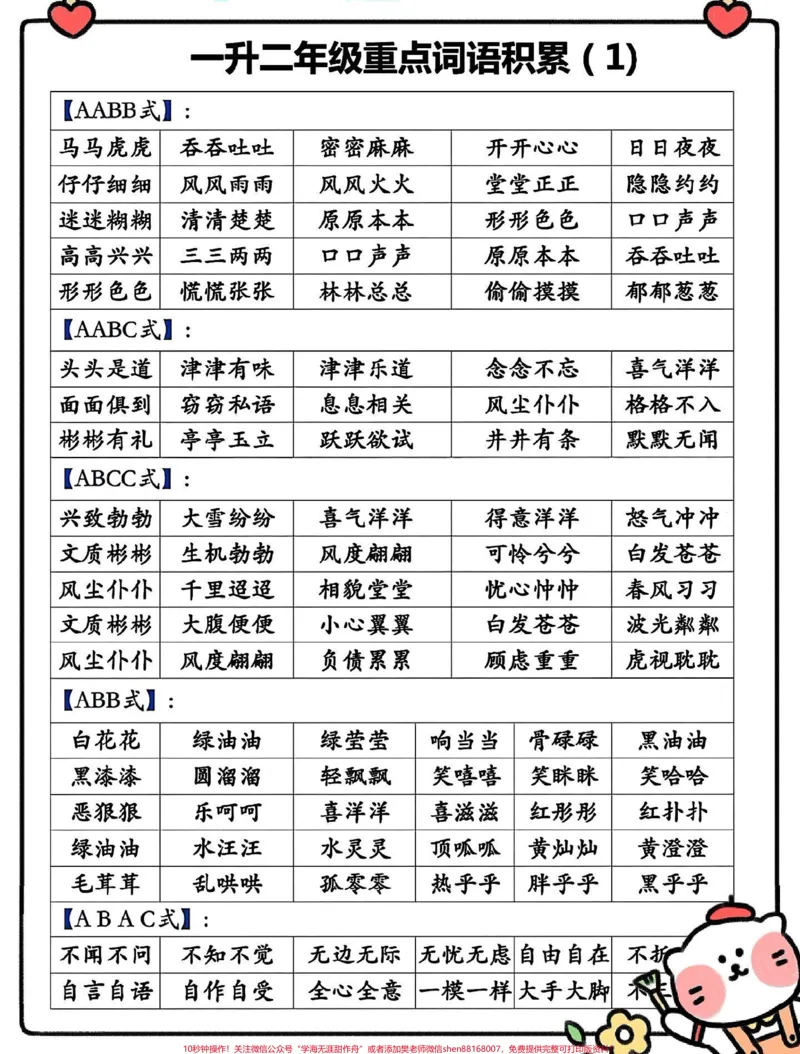 《一升二年级语文上册词语累积识字组词。一升二年级语文上册词语累积识字组词四字词语累积#暑假充电计划#一升二#假期学习#暑假作业#词语积累》第1页预览