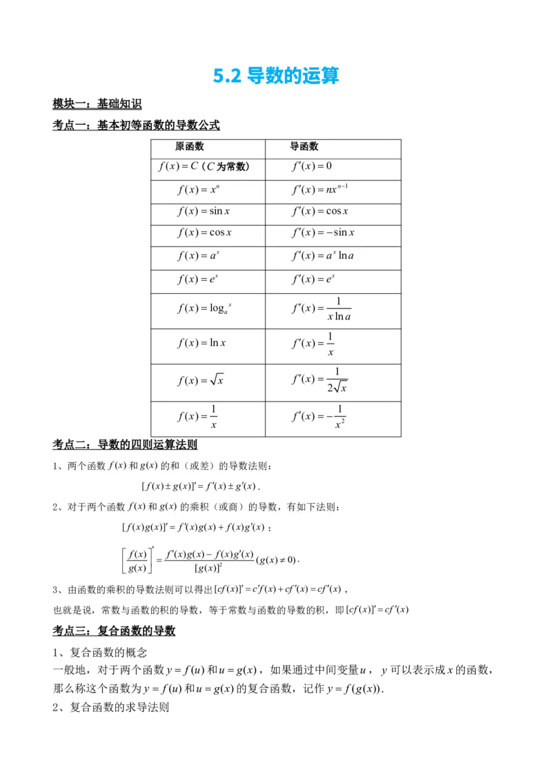 《5.2导数的运算（解析）(1)_2026版高中《二三轮复习+冲刺复习》_导数知识点+题型分类_单独的原卷版+解析版》第2页预览