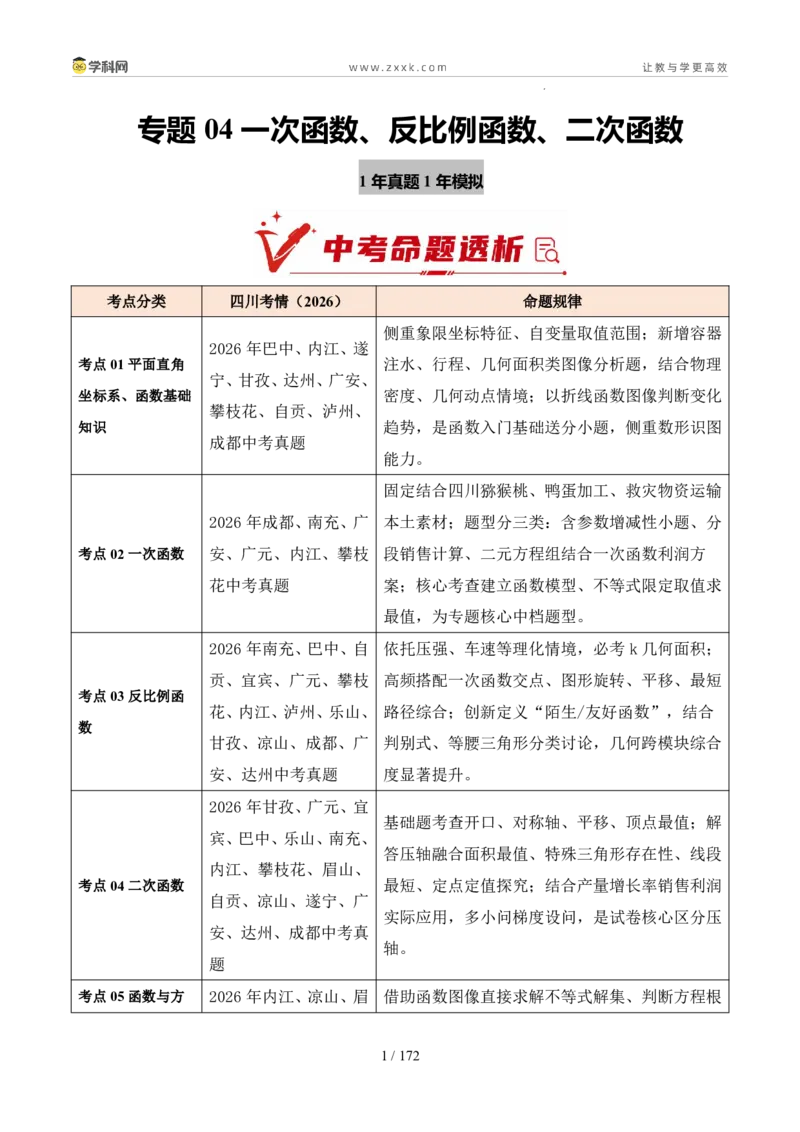 《专题04一次函数、反比例函数、二次函数（1年汇编）（四川专用）（解析版）_2026秋初中教辅合集_2027学科网&_2027新好题汇编_2027好题汇编2026中考数学真题分类汇编（四川专用）》第1页预览