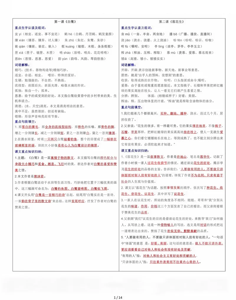 《五上语文知识点课课贴（14页）》第1页预览