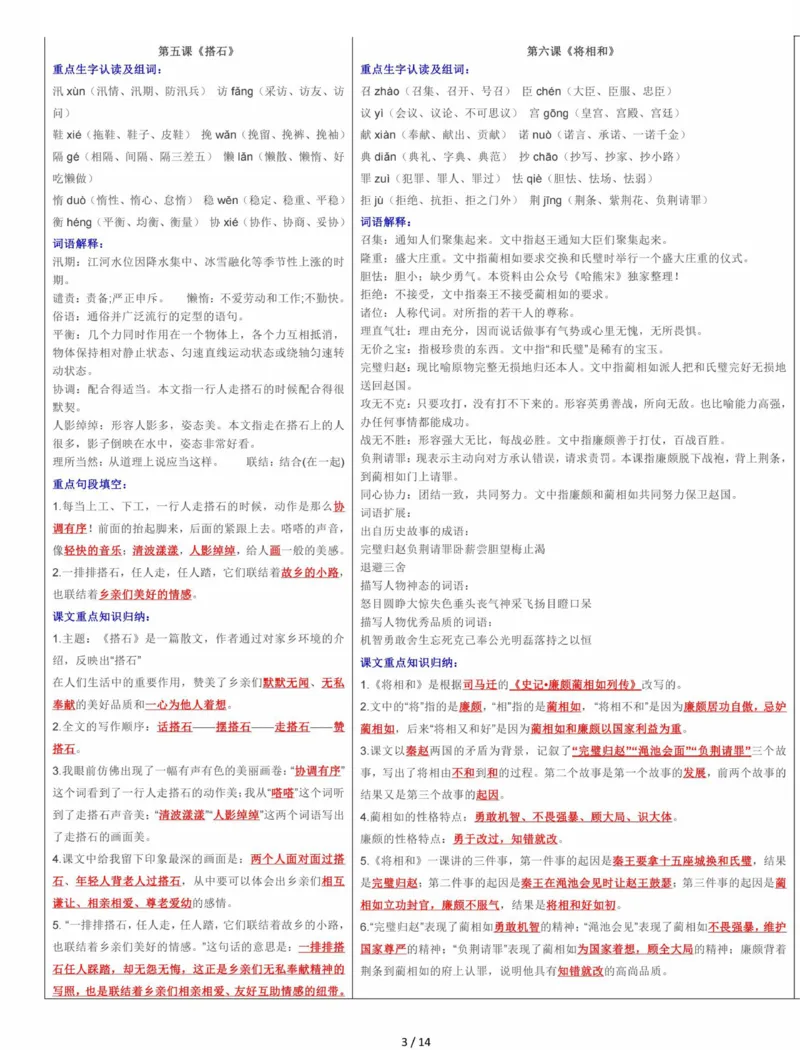 《五上语文知识点课课贴（14页）》第3页预览