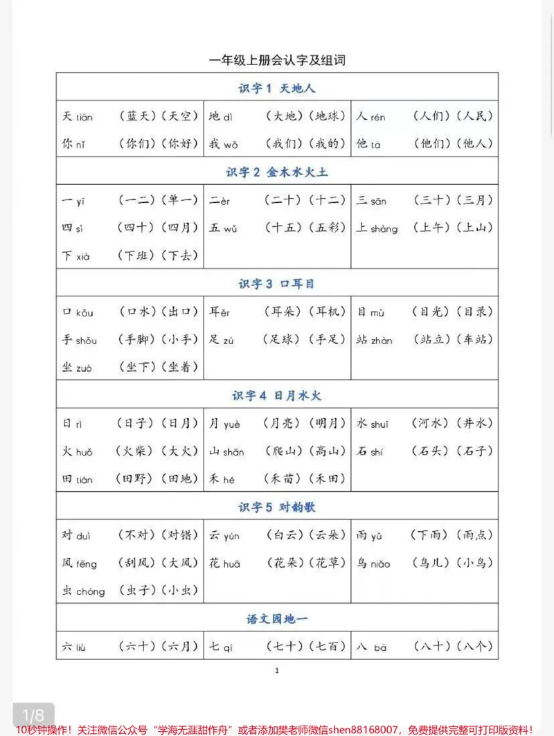 《一年级上册会认字及组词,家长收藏❤️孩子受益》第1页预览