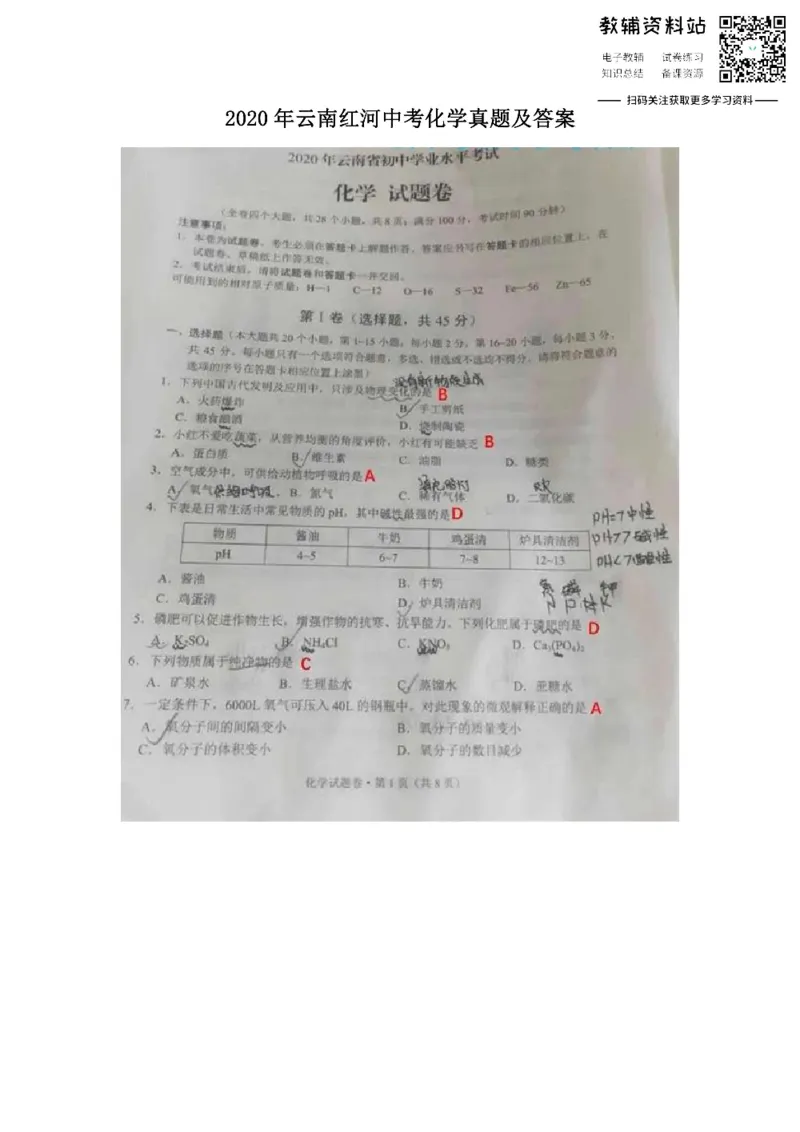 《2020云南红河中考化学真题及答案_初高中资料库_初中资料库（转存避免链接过期失效）_初中生物》第1页预览