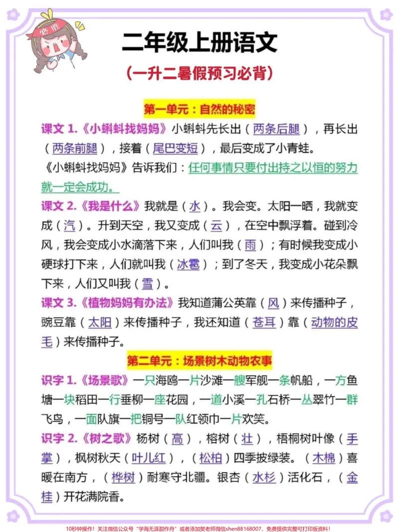 《一升二语文每课中心思想汇总。#一升二#语文#暑假预习#知识点总结#二年级》第2页预览