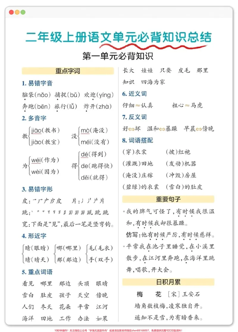 《一升二1-8单元语文知识点考点汇总。#暑假预习#一升二#语文#知识点总结#每天跟我涨知识》第2页预览