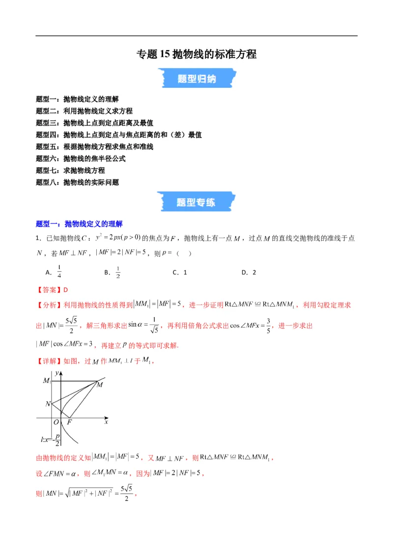 《专题15抛物线的标准方程（高效培优专项训练）数学人教B版2019选择性必修第一册（解析版）_2027高中必刷题_必刷题2027_2027高一高二必刷题_数学_5.人教B版高中数学讲义选择性必修一_2026版》第1页预览