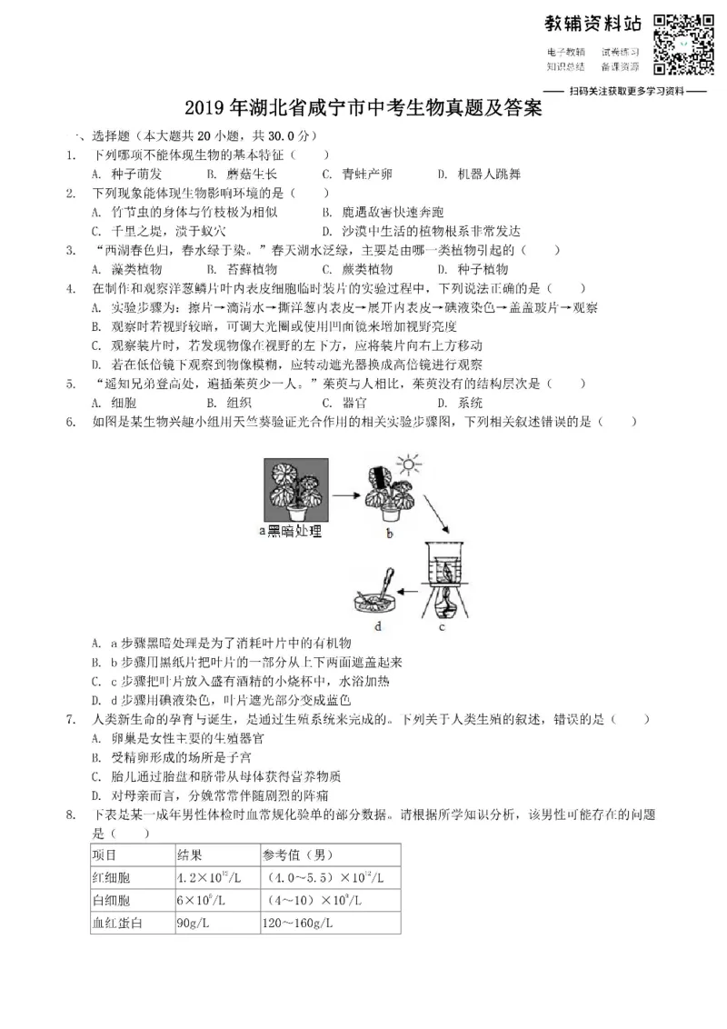《2019湖北省咸宁市中考生物真题及答案_初高中资料库_初中资料库（转存避免链接过期失效）_初中生物》第1页预览