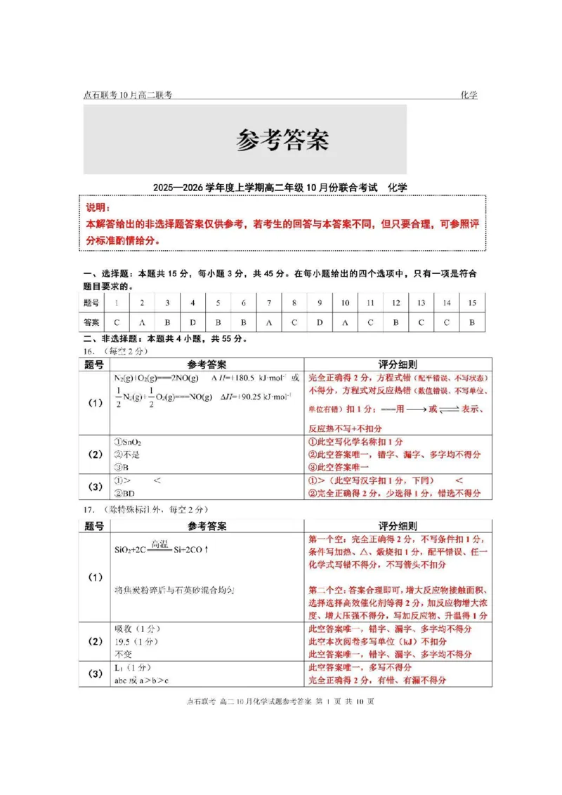 《2025-2026点石联考高二10月月考化学答案_10.2_25-26学年点石联考高二10月月考全科试卷及答案_25-26学年点石联考高二10月月考全科试卷及答案_25-26学年点石联考高二10月月考全科试卷及答案》第1页预览