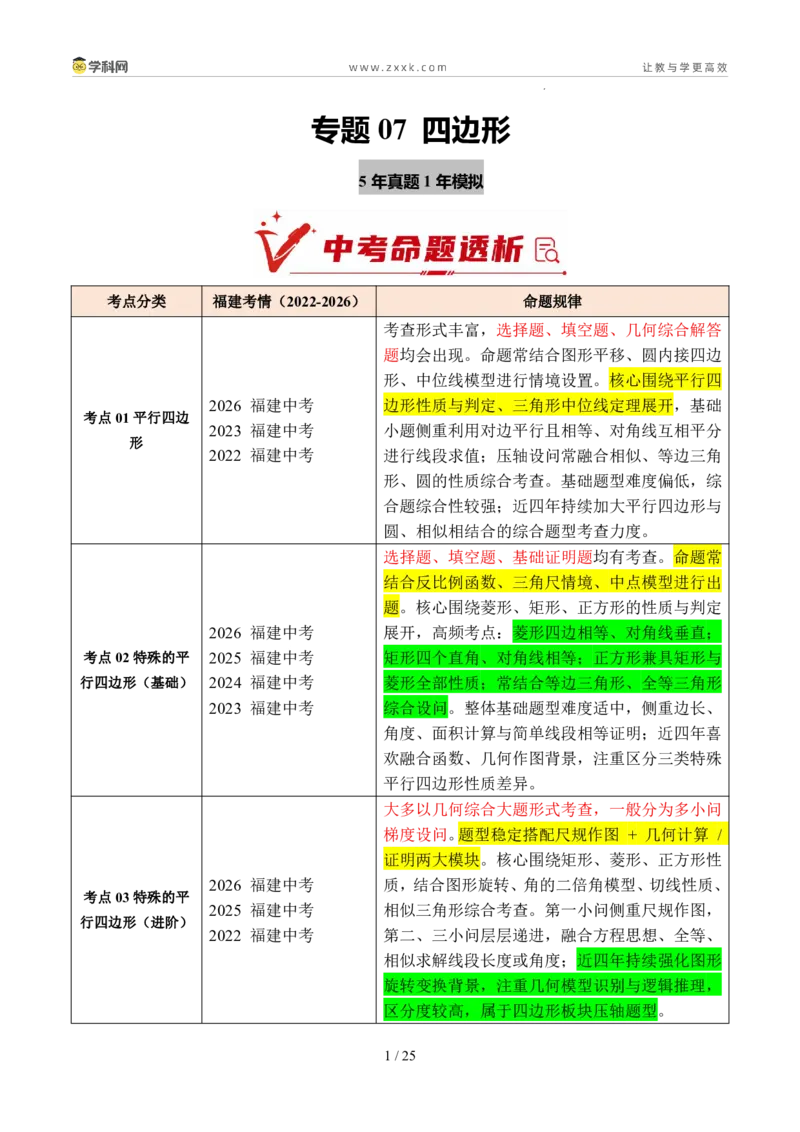 《专题07四边形（5年汇编）（福建专用）（原卷版）_2026秋初中教辅合集_2027学科网&_2027新好题汇编_2027新好题汇编2022-2026年中考数学真题分类汇编（福建专用）》第1页预览