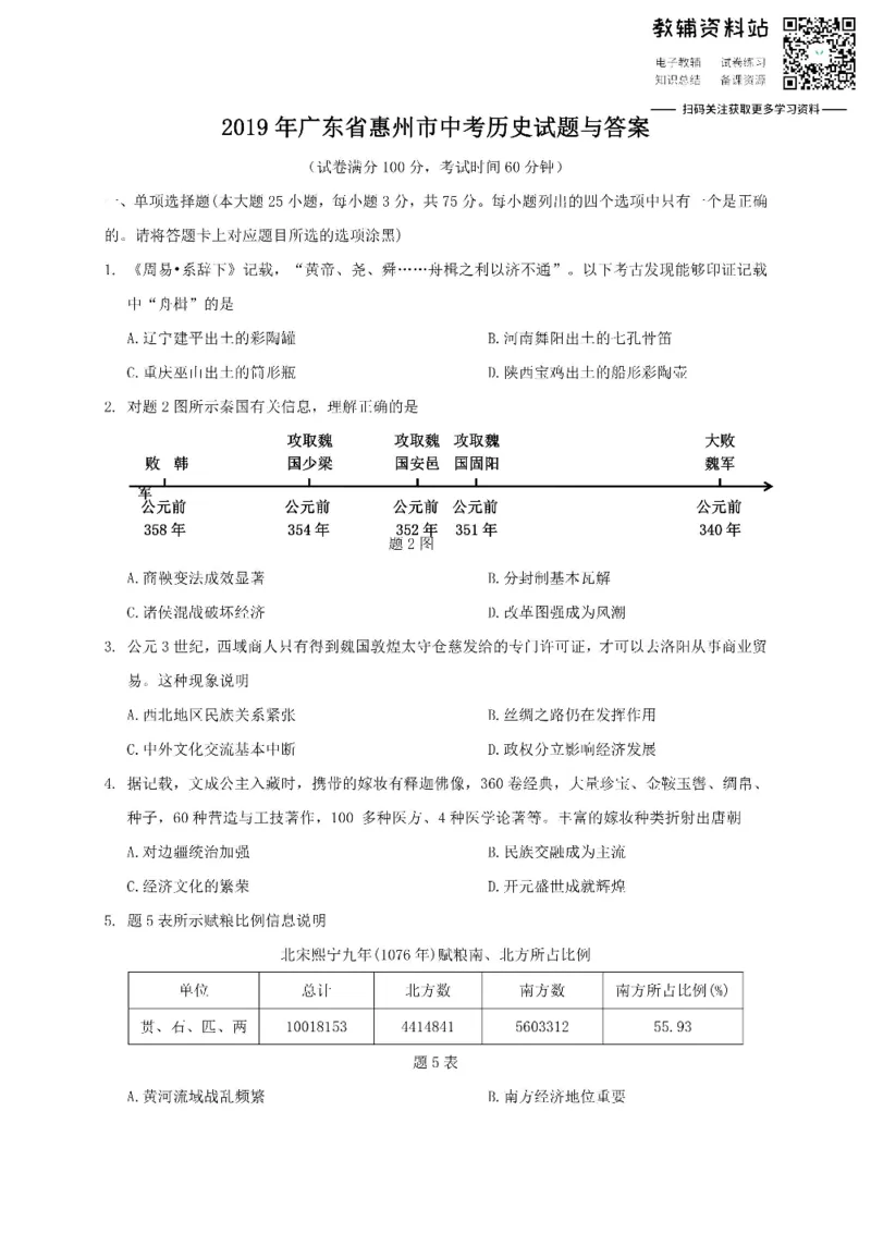 《2019广东省惠州市中考历史试题与答案_初高中资料库_初中资料库（转存避免链接过期失效）_初中历史》第1页预览
