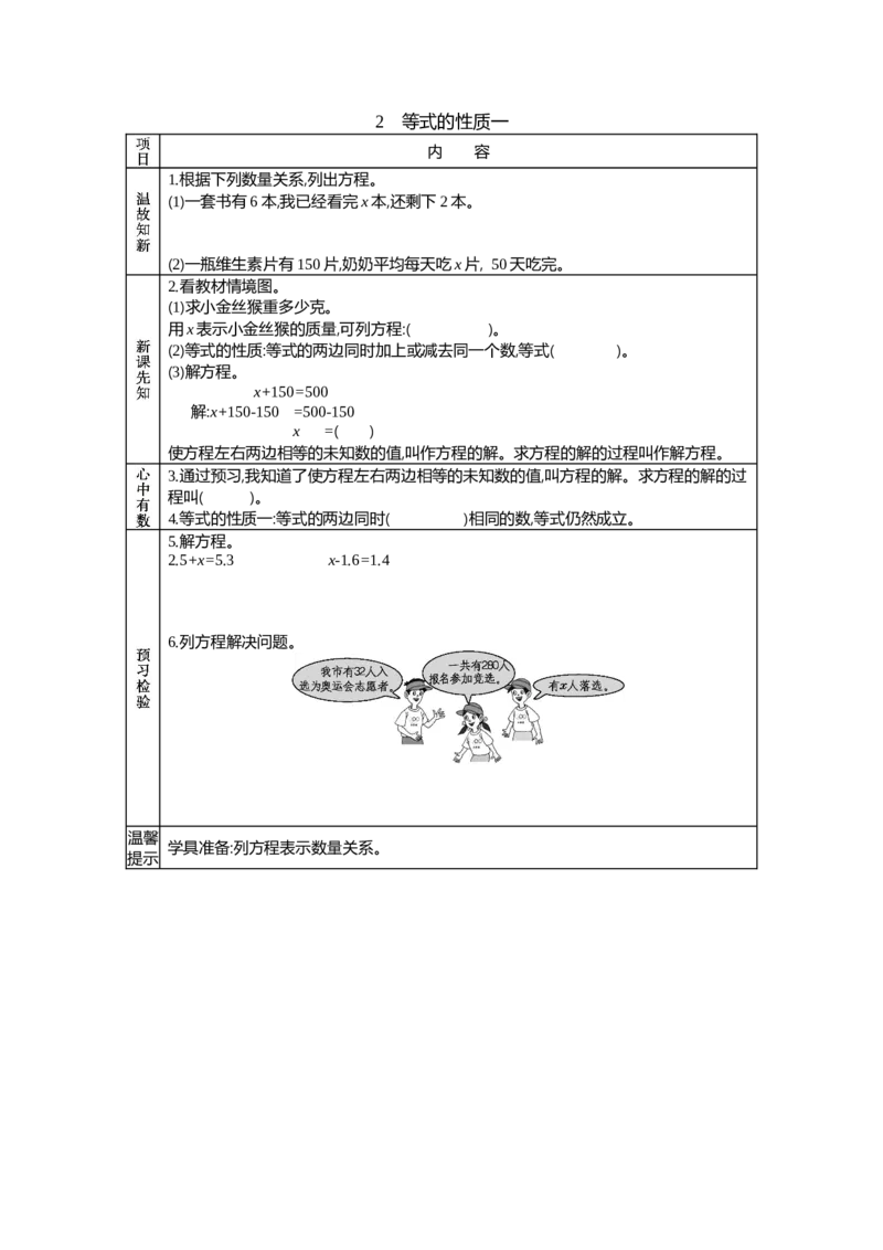 《2　等式的性质一_26春小学语数英道科各版本《课件+教案》_26春各版本语数英《七彩课堂》教学课件+教案_数学《七彩课堂课件教案》青岛五四26春_第一单元简易方程（教案+学案）_学案》第1页预览