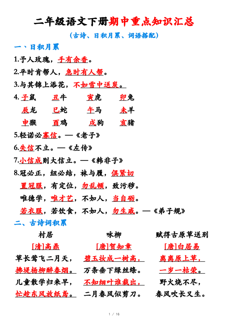 《副本二下语文期中必考重点汇总_2年级下册同步教辅_2下-语文_二下语文-知识点汇总》第1页预览