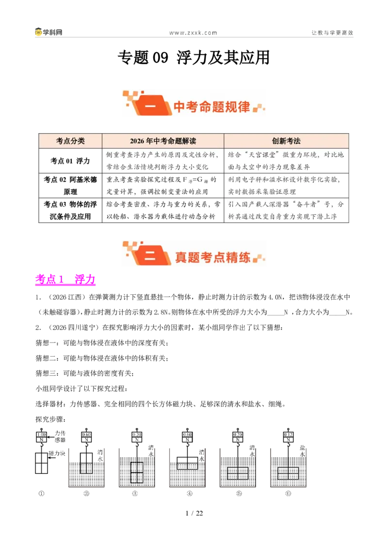 《专题09浮力及其应用（1年汇编）（全国通用01期）（原卷版）_2026秋初中教辅合集_2027学科网&_2027好题汇编2026年中考物理真题分类汇编（物理）（全国通用）》第1页预览