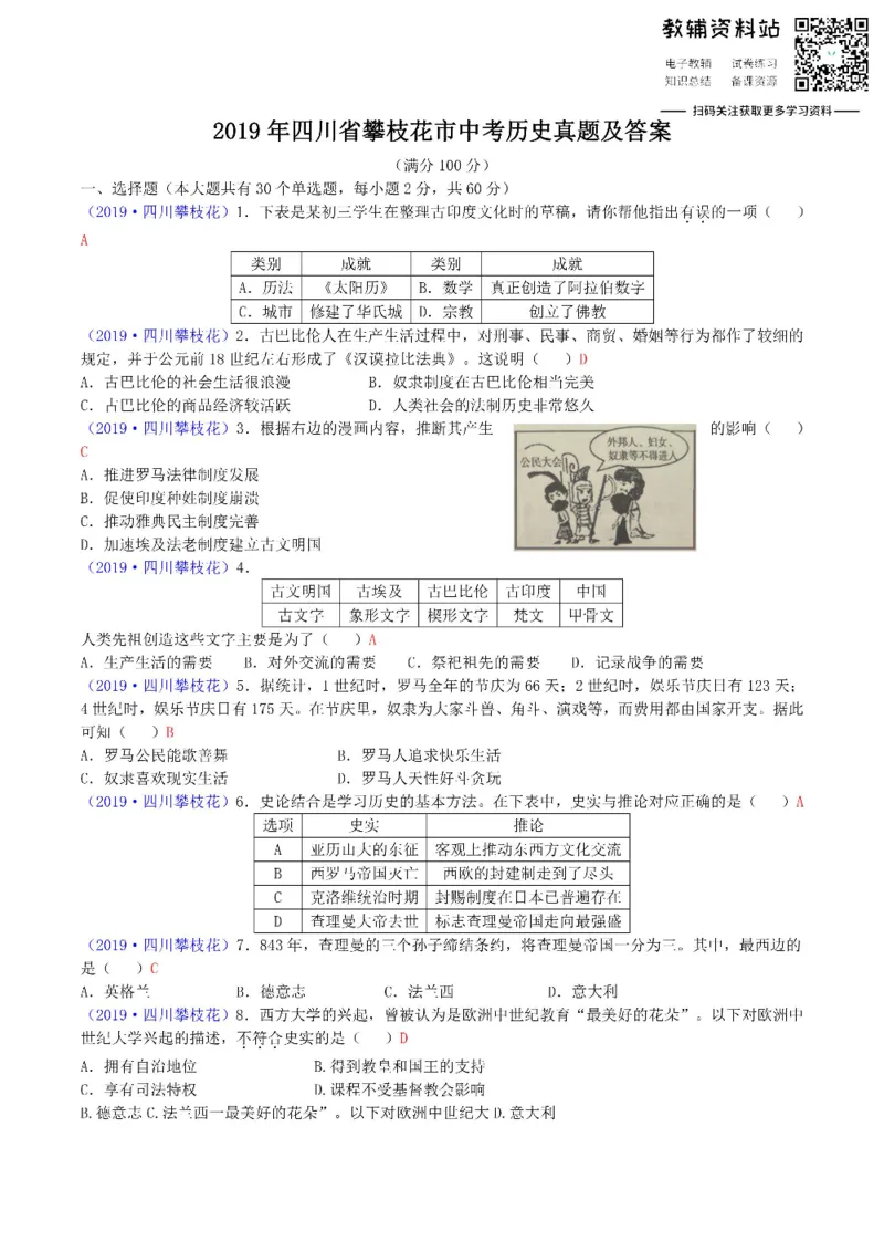 《2019四川省攀枝花市中考历史真题及答案_初高中资料库_初中资料库（转存避免链接过期失效）_初中历史》第1页预览