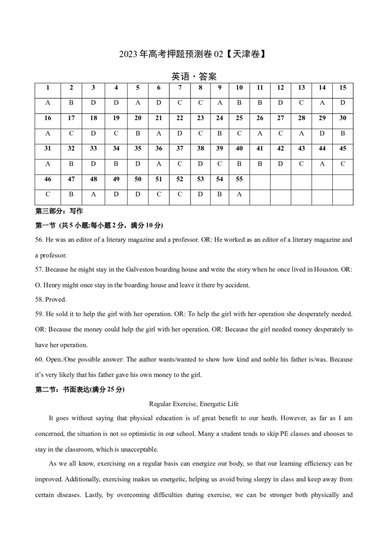 《2023年高考押题预测卷02（天津卷）-英语（参考答案）_英语(2)_专项复习_2024年_2023年高考押题预测卷01英语_2023年高考押题预测卷02（天津卷）-英语》第1页预览