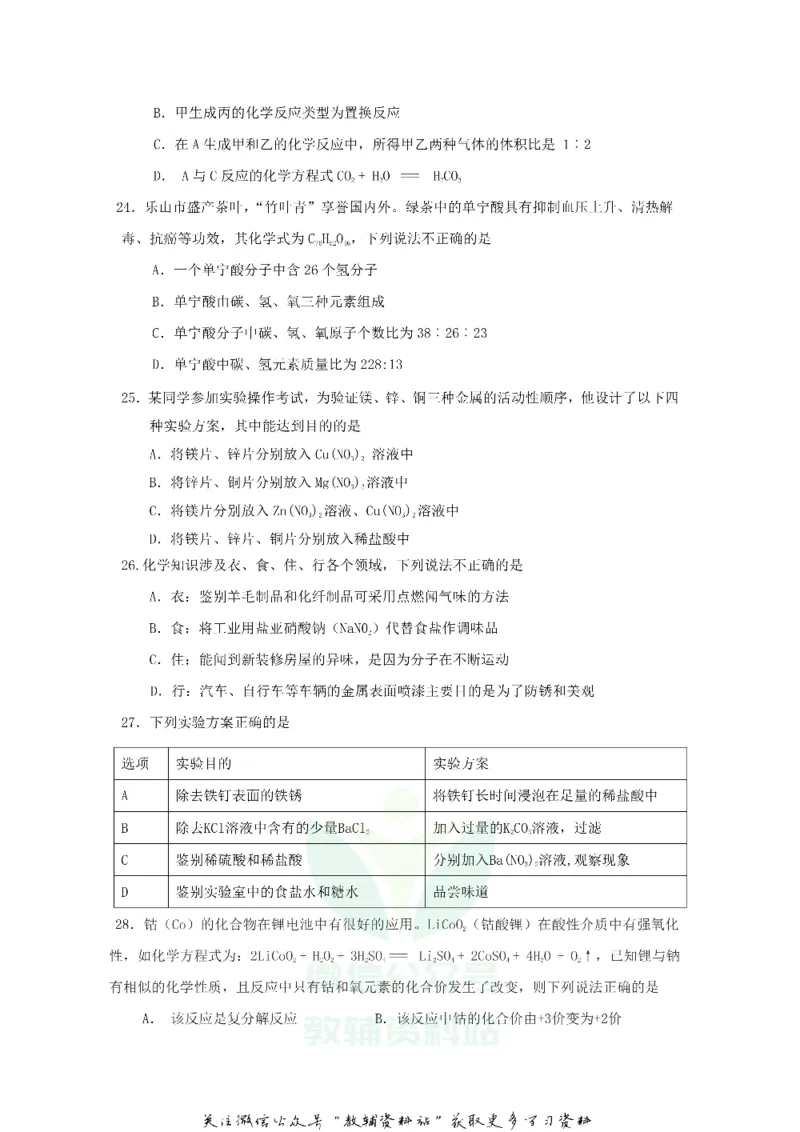 《2020四川乐山中考化学真题及答案_初高中资料库_初中资料库（转存避免链接过期失效）_初中化学》第2页预览