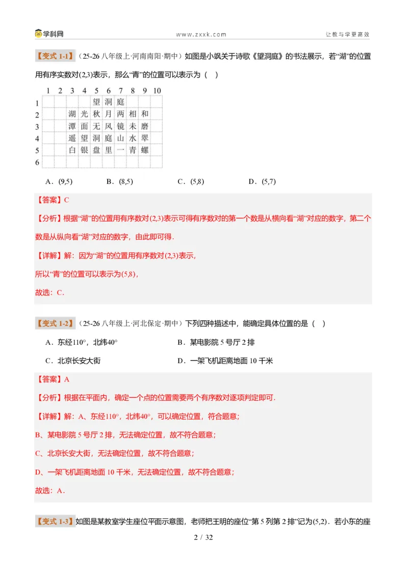《专题01平面直角坐标系的基础知识（题型专练）（解析版）_2026秋初中教辅合集_2027学科网&_2027新《8上数学•同步备课资料合集》（新教材北师大）_题型专练》第2页预览