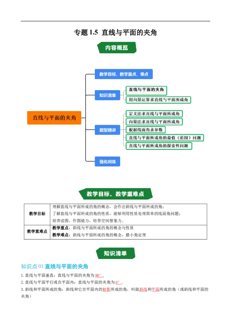 《专题1.5直线与平面的夹角（高效培优讲义）（原卷版）_2027高中必刷题_必刷题2027_2027高一高二必刷题_数学_YZ-133-高中数学同步精讲B版高一二三基础+培优讲义+专题练习word版电子_2026版》第1页预览