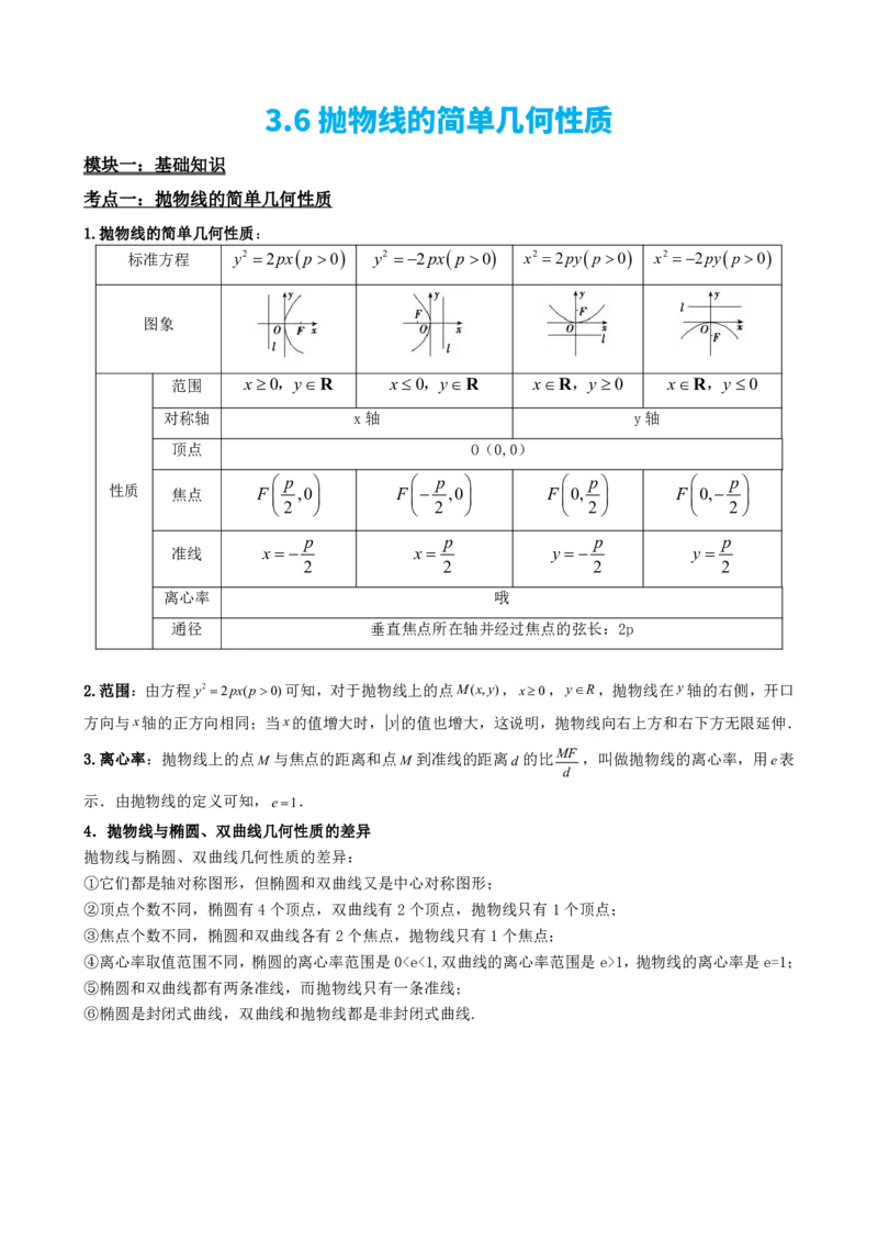 《3.6抛物线的简单几何性质（原卷版）(1)_2026版高中《二三轮复习+冲刺复习》_圆锥曲线PDF矢量版_原卷版+解析版》第2页预览
