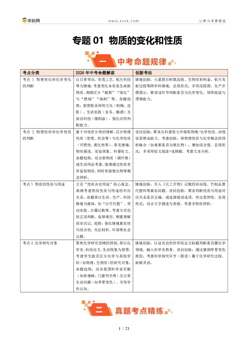 《专题01物质的变化和性质(1年汇编)(全国通用01期)(解析版)_2026秋初中教辅合集_2027学科网&_2027新好题汇编_2027好题汇编2026年中考化学真题分类汇编(化学)(全国通用)》第1页预览
