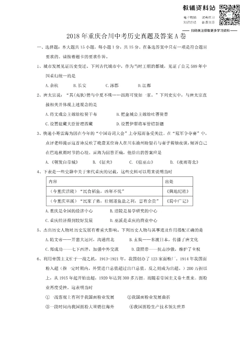 《2018重庆合川中考历史真题及答案A卷_初高中资料库_初中资料库（转存避免链接过期失效）_初中历史》第1页预览