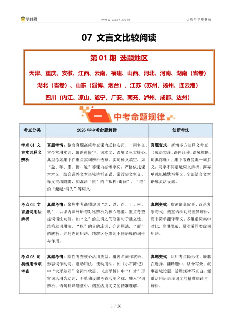 《专题07文言文比较阅读（1年汇编）（全国通用01期）（原卷版）_2026秋初中教辅合集_2027学科网&_2027新好题汇编_2027好题汇编2026年中考语文真题分类汇编（语文）（全国通用）》第1页预览