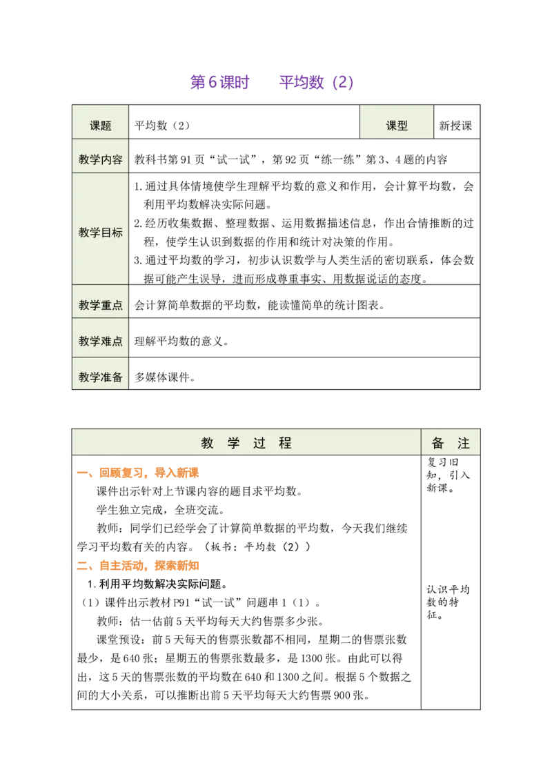 《6.平均数（2）_26春小学语数英道科各版本《课件+教案》_26春各版本数学《课件+教案》1-6年级下册_26春北师大版数学1-6年级下册教案课件PPT_26春绿卡学霸-4数-北师-备课教案》第1页预览