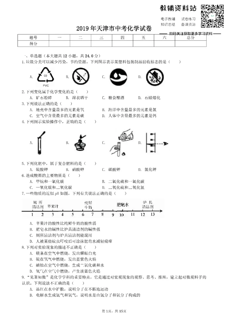 《2019天津市中考化学试卷及答案_初高中资料库_初中资料库（转存避免链接过期失效）_初中化学》第1页预览