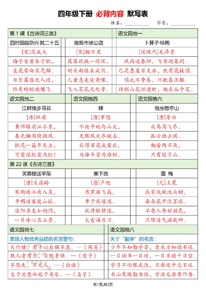 《四下必背内容默写单答案SY_4年级下册同步教辅_四下语文_四下语文重点必背》第1页预览