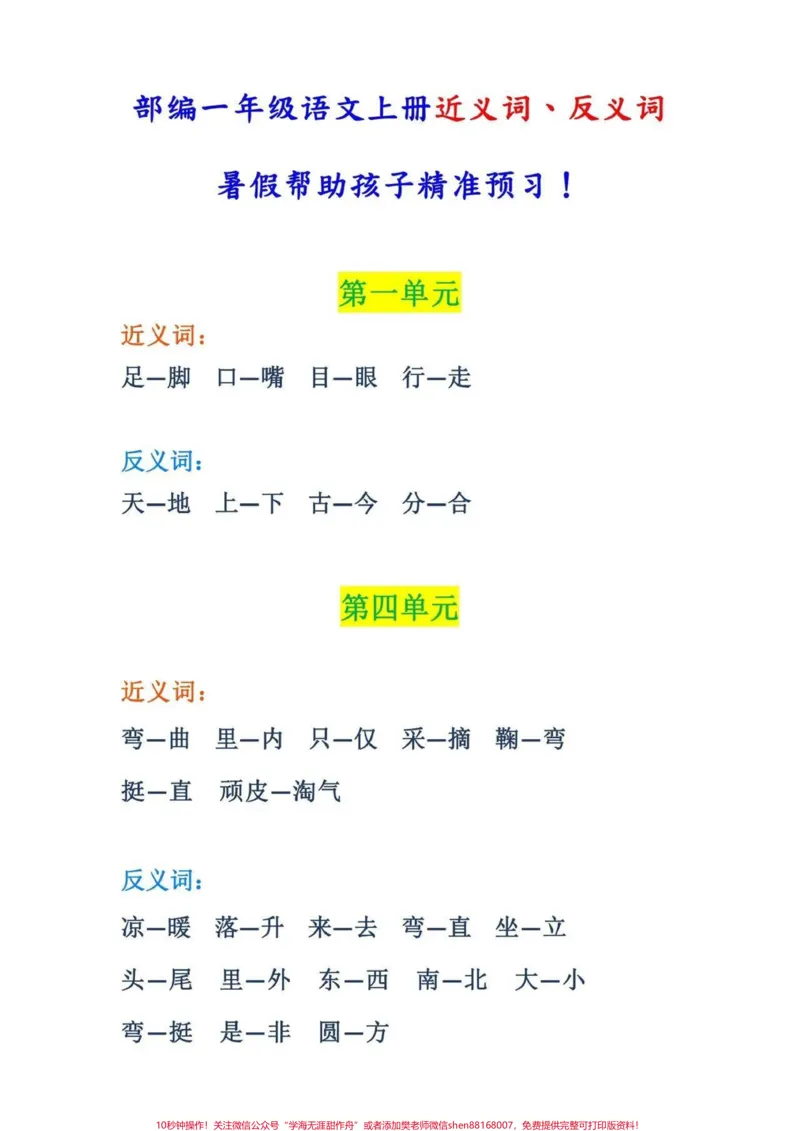 《一年级上册每课近义词反义词#近义词反义词#家长收藏孩子受益#暑假充电计划#父母必看系列#知识点总结》第2页预览