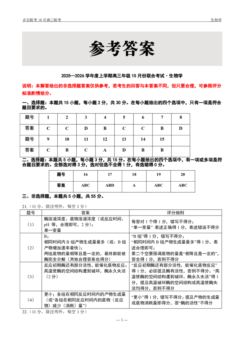《2025-2026点石联考高三上10月月考生物答案_10.2_2025-2026点石联考高三上10月月考全科试卷及答案》第1页预览